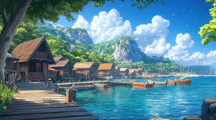 Fototapeta premium Scenic anime fishing village with wooden docks, boats, and calm blue waters