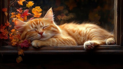 Peaceful orange cat resting by the window with autumn leaves