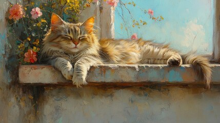 A serene cat lounging on a windowsill surrounded by flowers