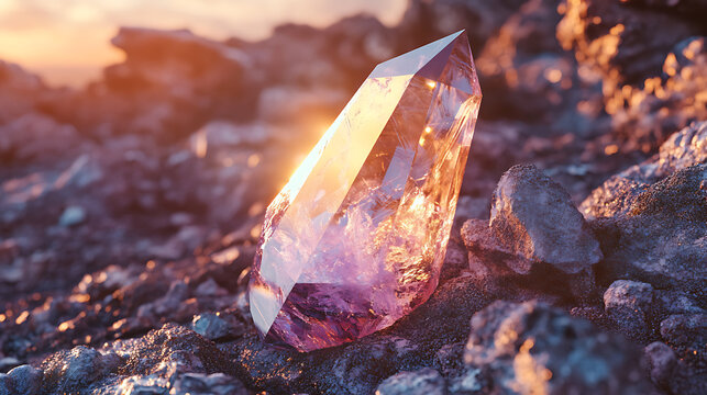 Genuine crystal shard reflecting sunlight on rocky terrain, vibrant hues, 8k, hyper realistic, real life based