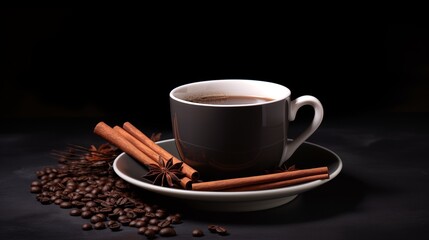 Fototapeta premium a cup of hot coffee with a cinnamon stick and chocolate, empty space on the right side, Ambient Light,generative ai illustration