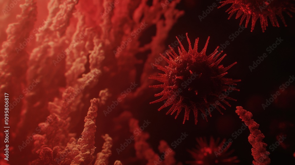 Poster microbial life forms in red environment, abstract representation of virus structure, high-definition