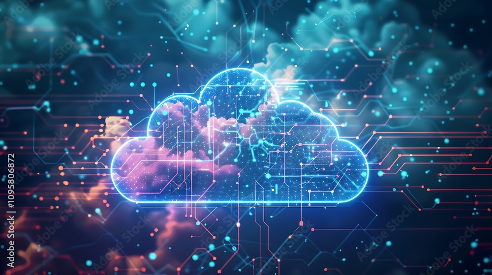 Poster glowing cloud symbol represents digital cloud computing, showcasing network connections and data pro