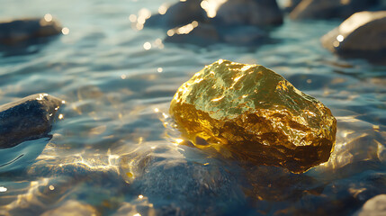 Golden artifact submerged in clear water, shimmering radiance, 8k, hyper realistic, real life based