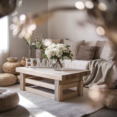 Still life in the living room with wooden inscription home
