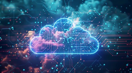 Glowing cloud symbol represents digital cloud computing, showcasing network connections and data processing.
