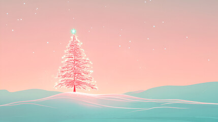 Naklejka premium Illuminated christmas tree in snowy landscape digital artwork peaceful winter scene soft color palette minimalist design concept