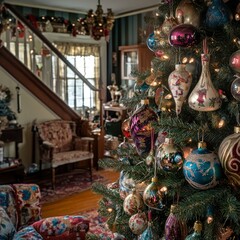 Fototapeta premium Cozy holiday living room decorated with christmas tree and ornaments