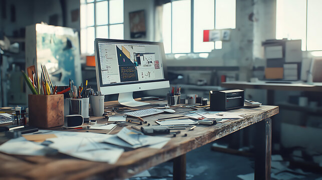 Graphic design tools scattered over rustic desk in abandoned studio, 8k, hyper realistic, real life based.