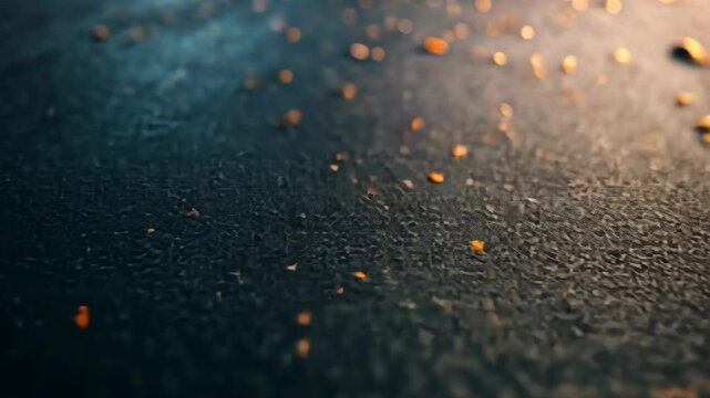 Golden particles dance on a dark surface illuminated by soft light in a serene setting