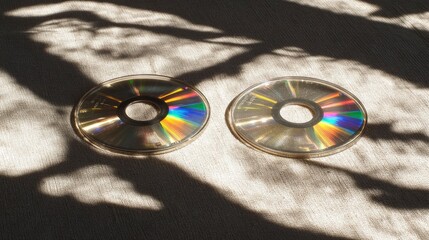 Reflective cd discs casting colorful shadows on a textured surface