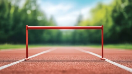 A vibrant red hurdle positioned on a running track, symbolizing athletic challenges and determination in sports.