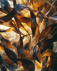 Dramatic backlit kelp leaves in golden amber tones, Abstract nature botanical art print photography, background