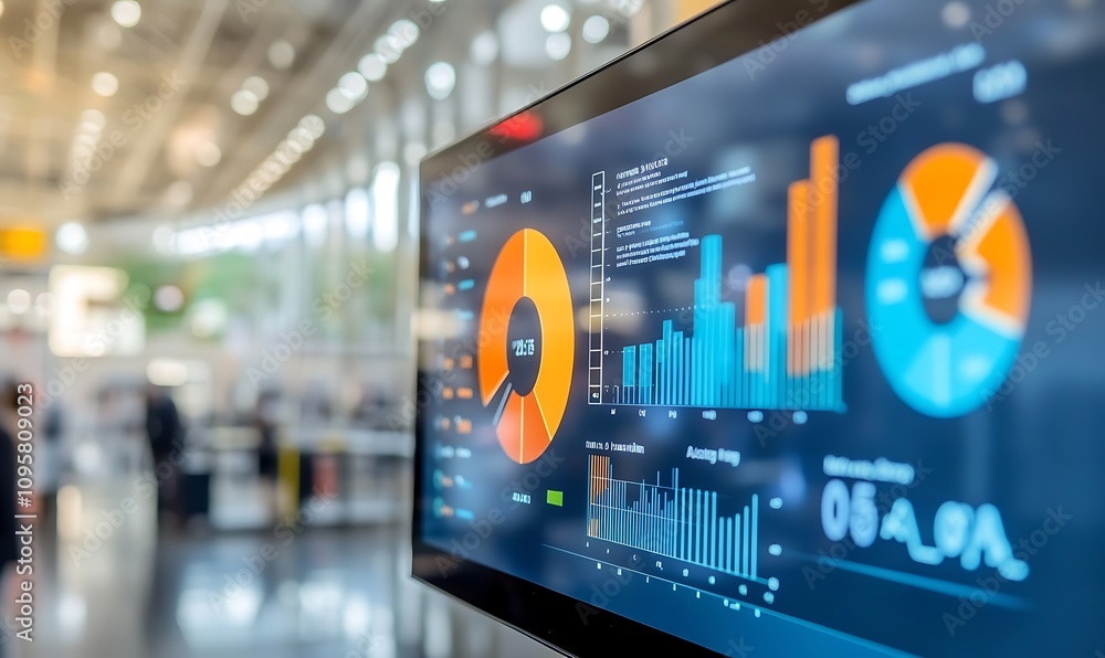 Poster digital display showing data visualizations and statistics in a modern environment.
