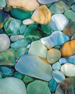 Vibrant sea glass and stones in water, turquoise and gold, Abstract organic shapes beach treasures coastal photography art print