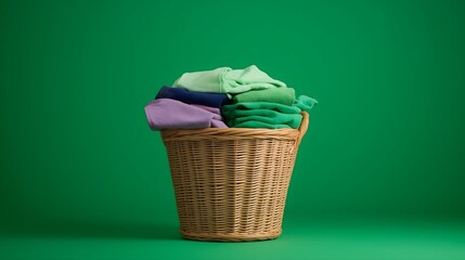 A woven basket filled with colorful folded clothes against a vibrant green background, symbolizing cleanliness and organization.