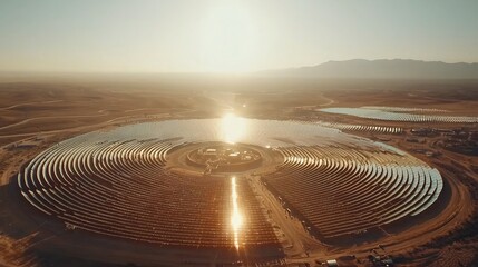 Innovative Concentrated Solar Power System for Large Scale Renewable Energy Production in Desert Landscape  Futuristic Architecture with Radial Symmetry and Reflective Panels Harnessing Solar Energy