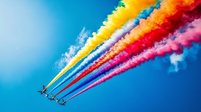 Impressive airshow featuring a squadron of high speed fighter jets leaving coordinated colorful smoke trails in a vibrant blue sky creating a captivating aerial display and patriotic spectacle