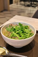 Vietnamese cuisine: pho bo (rice noodles with sliced beef and coriander)