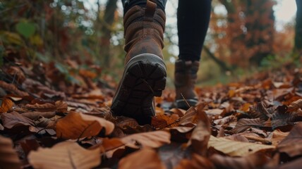 Fototapeta premium Crunchy Leaves: As you walk through piles of dried leaves, the delightful crunch underfoot adds a perfect touch to the crisp autumn air and golden surroundings. 