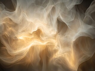 Obraz premium Abstract swirling gold and white smoke or cloud formations on black background.