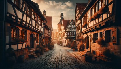 Fototapeta premium Charming Old Town Street with Timeless Half-Timbered Houses. generator AI