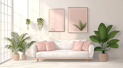 Inviting and serene living room interior with a comfortable sofa lush potted plants and framed wall art creating a calming and stylish aesthetic