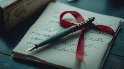Handwritten letter with fountain pen and red ribbon on aged paper.