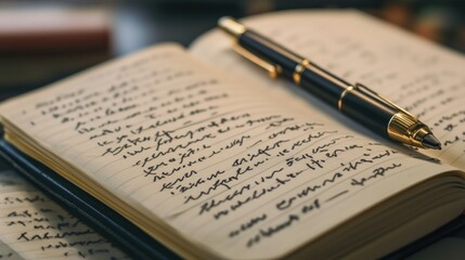 Close-up of open notebook with fountain pen and handwritten text.