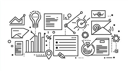 Minimalist black and white digital marketing icon set featuring project milestones  work processes  business planning  and success achievement