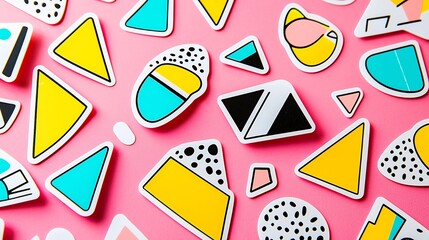 Minimalist geometric sticker design with bold abstract shapes in vibrant colors like yellow blue and black on a bright pink background  Stylish and modern graphic elements perfect for branding