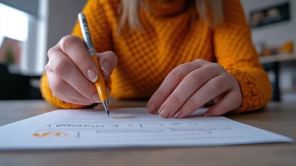 A child's hand diligently writes on paper with a pencil, under a warm light, evoking focus and learning in a cozy environment.