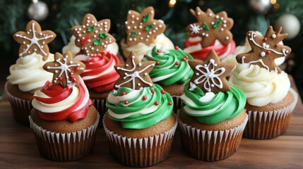 1.A festive arrangement of Christmas cupcakes topped with intricately decorated gingerbread cookies. The cupcakes feature swirls of buttercream frosting in holiday colors of red, green, and white,