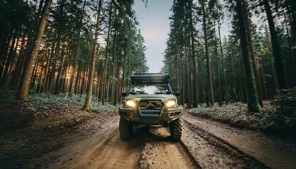 Offroad truck in forest offroad, dirt gravel trail, expedition
