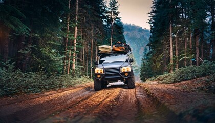 Offroad truck in forest offroad, dirt gravel trail, expedition