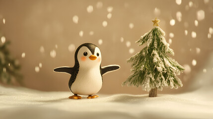 Obraz premium Animated penguin sliding on ice near christmas tree winter wonderland digital art cozy environment playful concept