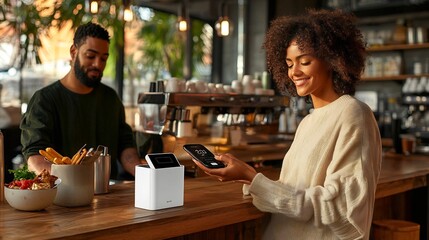 A person using a smartphone to make a contactless digital payment at a modern well designed cafe counter in a cozy urban setting