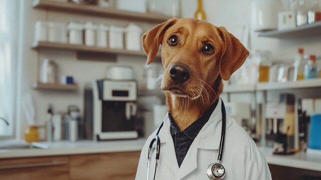 Portrait of a dog dressed as a medical professional wearing a doctor s lab coat and stethoscoke in a modern clinic like interior setting with medical equipment and supplies