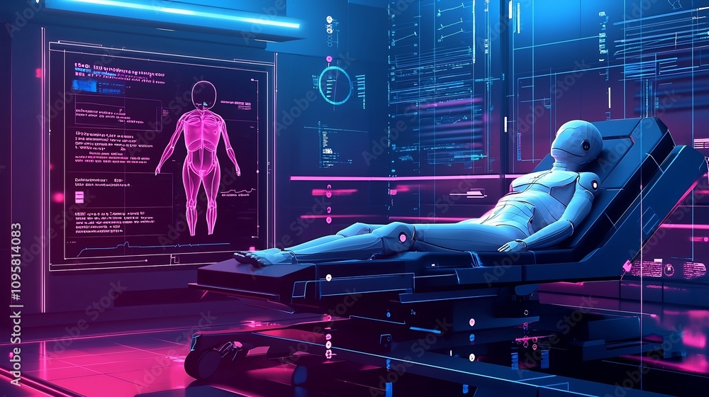 Poster an ai powered robot scanning a patient with a detailed 3d holographic model in a high tech and futur