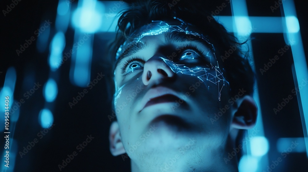 Aufkleber close up portrait of a hacker s intense serious face illuminated by a glowing blue futuristic comput