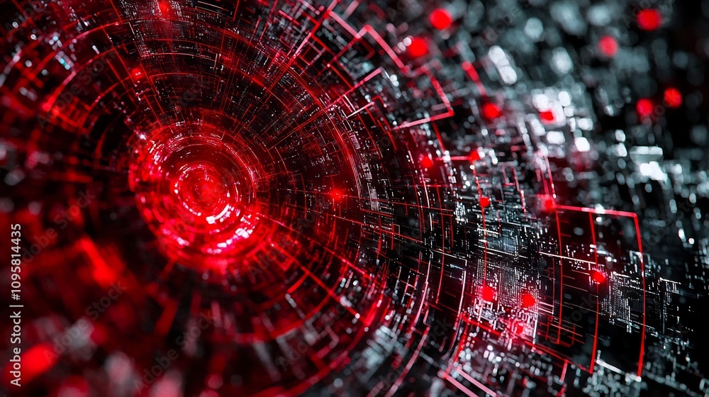 Poster close up view of a futuristic digital threat matrix with red markers actively monitoring and prevent