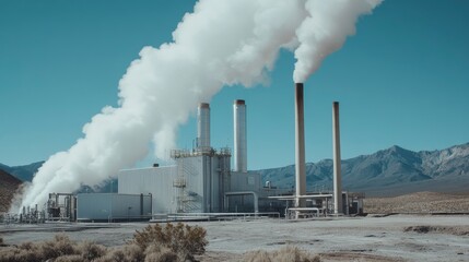 Smoke billowing from industrial factory in a mountainous landscape