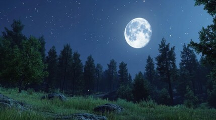 Fototapeta premium Bright full moon casting soft light over a forest clearing, with stars twinkling above