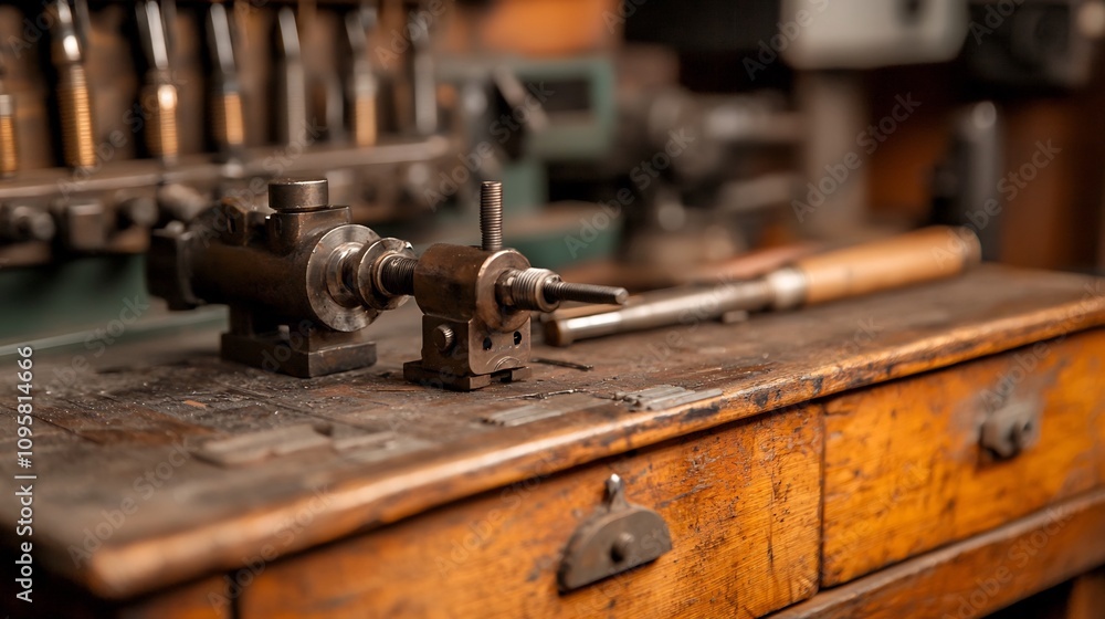 Poster close up view of various precision tools and a lathe in a metalworking shop or industrial workshop t