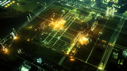 Obraz premium Night aerial view of illuminated industrial complex.