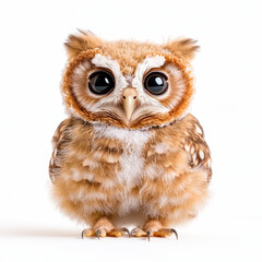 Obraz premium curious baby owl with wide eyes, showcasing its fluffy feathers and unique markings. This adorable creature captures attention with its charming expression and vibrant colors
