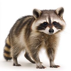 Fototapeta premium curious raccoon standing upright on white background, showcasing its distinctive facial markings and fluffy fur. This playful creature exudes sense of wonder and charm