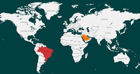 Obraz premium World Map Highlighting Saudi Arabia and Brazil in Color