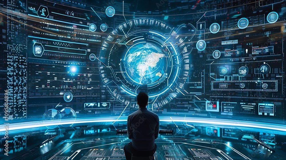 Poster man observes a futuristic global data network interface showcasing a vast amount of information.