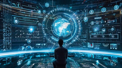 Man observes a futuristic global data network interface showcasing a vast amount of information.